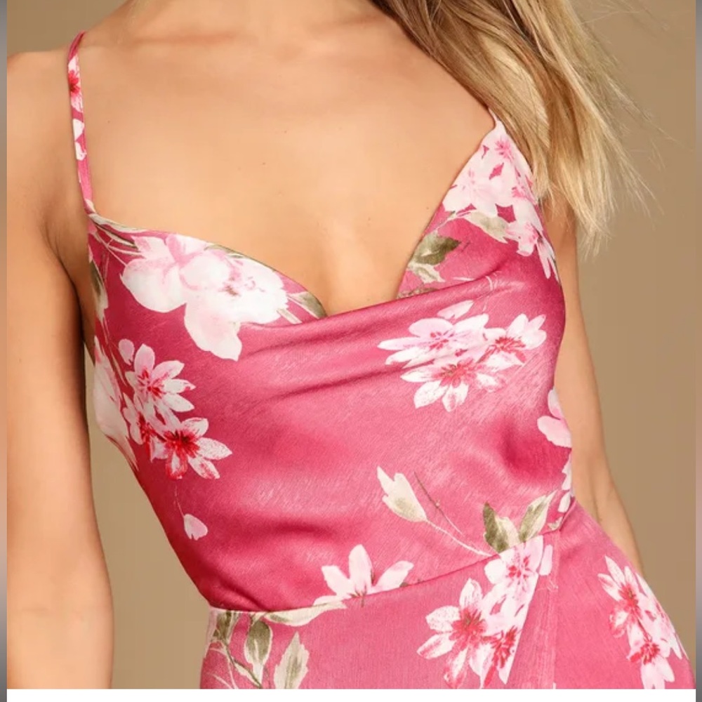 NWT Lulus Love of Romance Pink Floral Print Satin Cowl Neck Maxi Dress - Picture 3 of 8